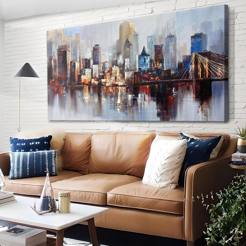 Arjun Brooklyn Bridge Wall Art for Living Room, Modern New York City Abstract Cityscape Canvas Painting, NYC Skyline Textured Picture Bedroom Artwork Home Office Wall Decor Extra Large Framed 58"x29" - Image 1